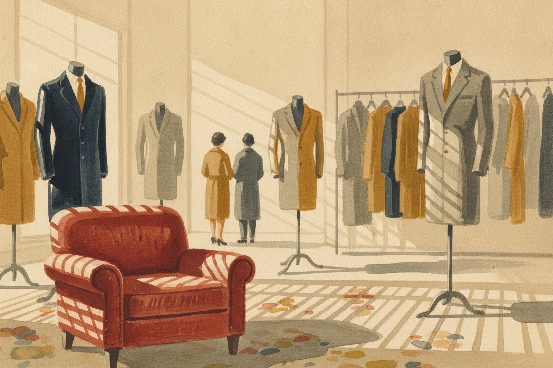 Illustration: a 1960s tailor's showroom, two-tone sheened suits on mannequins, a low leather chair, venetian blind light