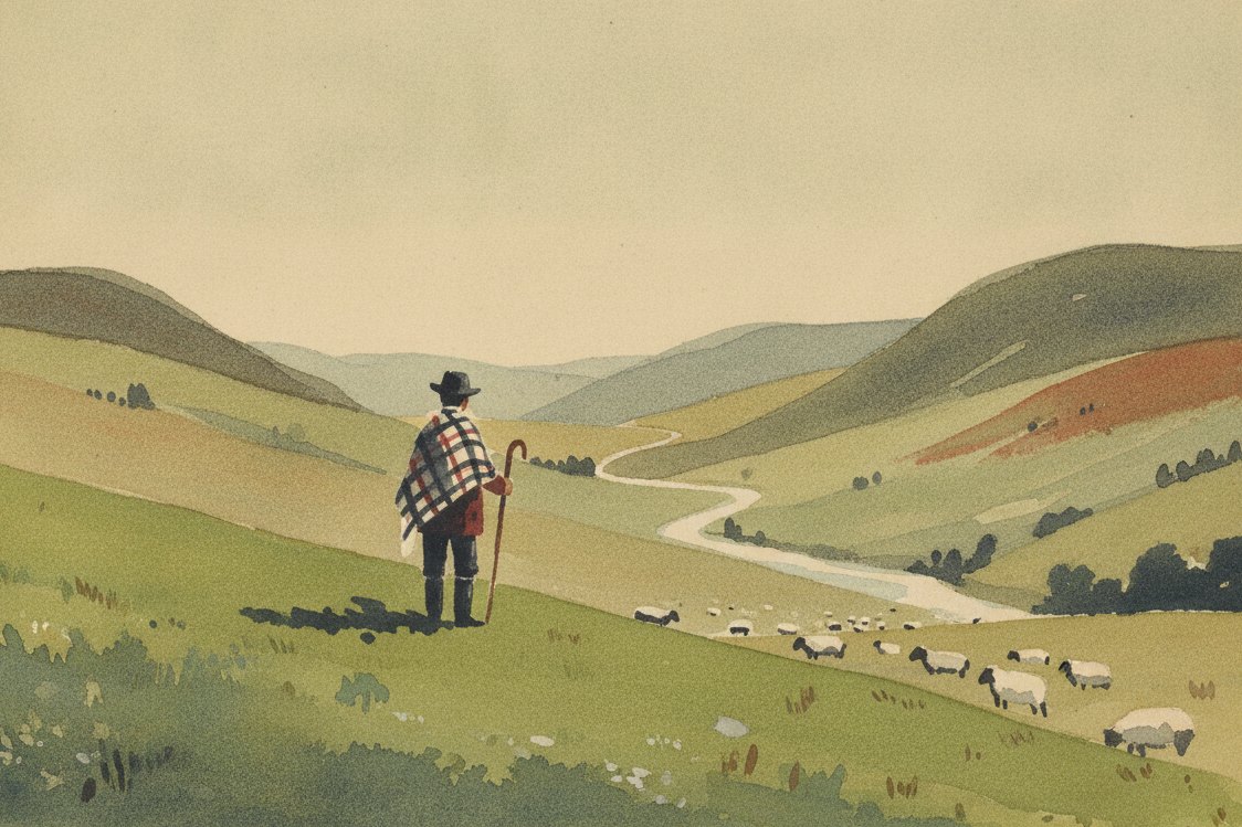 Illustration: a Border shepherd on an open green hillside in the 1820s, seen from behind in a small black and white checked plaid wrapped over the shoulders, sheep scattered down the valley, crook in hand