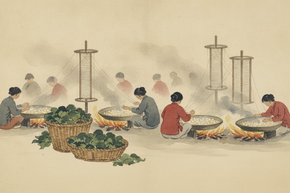 Illustration: a silk reeling workshop in imperial China, several women at a respectful distance tending shallow basins of cocoons over low fires and winding fine filament onto wooden reels, baskets of mulberry leaves nearby