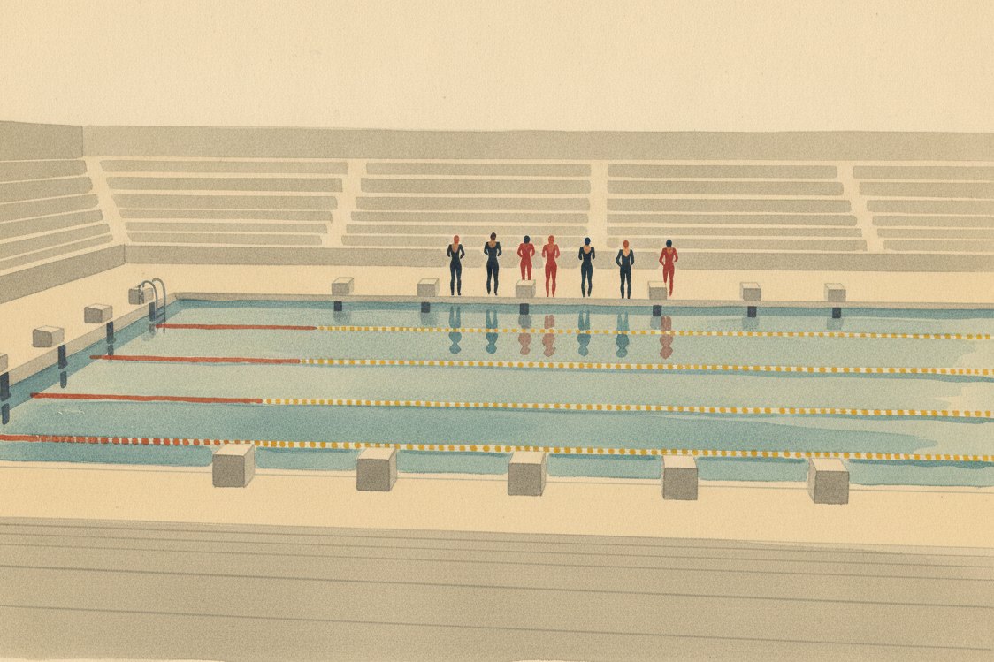 Illustration: a public swimming pool seen from the empty stands in the 1970s, a row of swimmers in sleek stretch suits poised on the starting blocks, bright lane ropes on still blue water, the figures small and distant