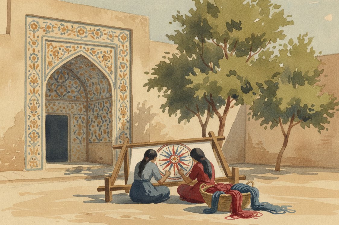 Illustration: a sunlit courtyard in old Bukhara, two women seen from behind bent over a large wooden embroidery frame working a half-finished sun-disc panel, a tiled archway and mulberry trees behind them, a basket of madder and indigo silk skeins at their side, warm dry light