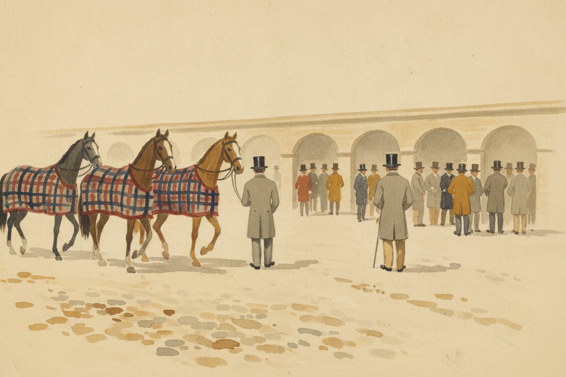 Illustration: the Tattersalls horse market in London in the 1800s, horses in checked stable blankets led across a cobbled yard, top-hatted buyers at a distance under an arcade