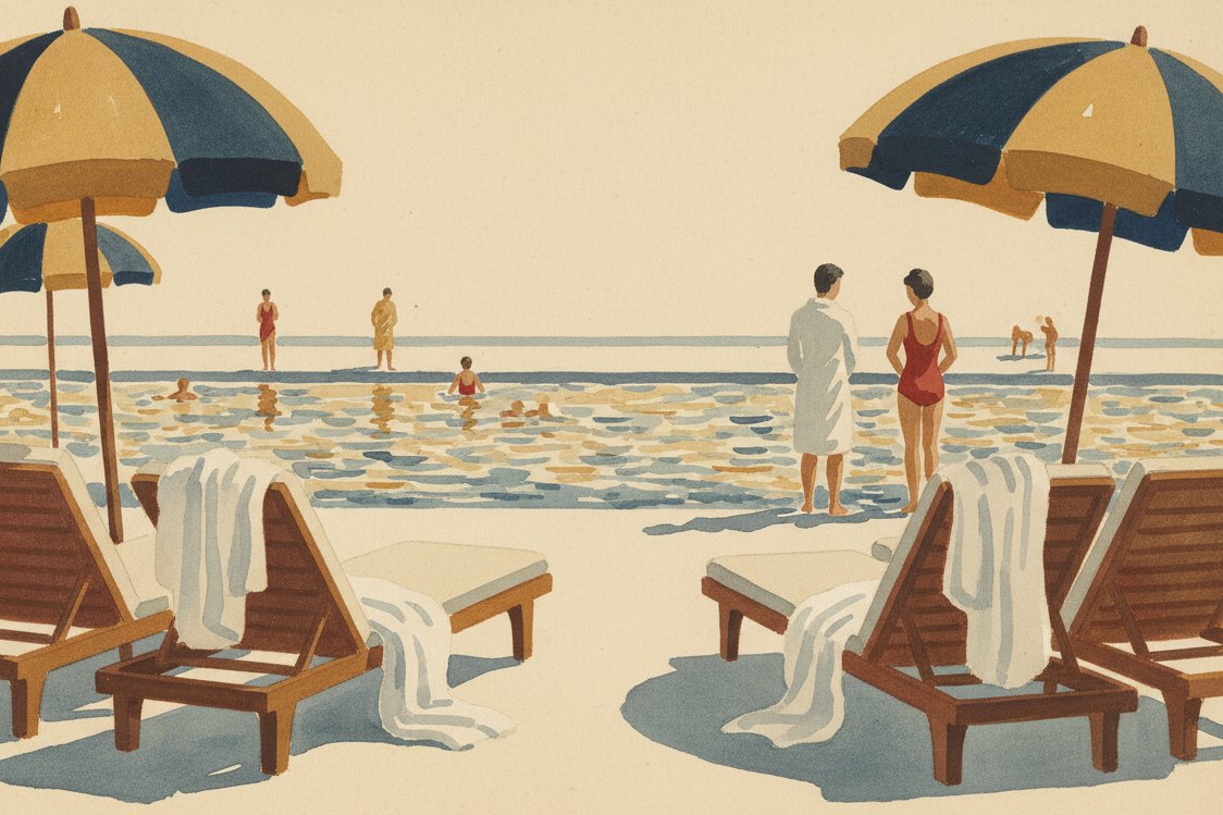 Illustration: a 1930s lido poolside, white robes thrown over deck chairs, striped umbrellas, swimmers at a distance, sparkling water