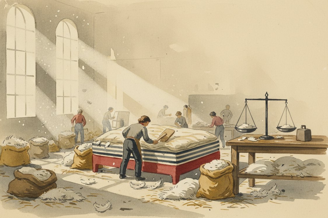 Illustration: a bedding maker's workshop in the 1800s, a striped mattress case being filled with down, a scale, sacks of feathers, dust in the window light