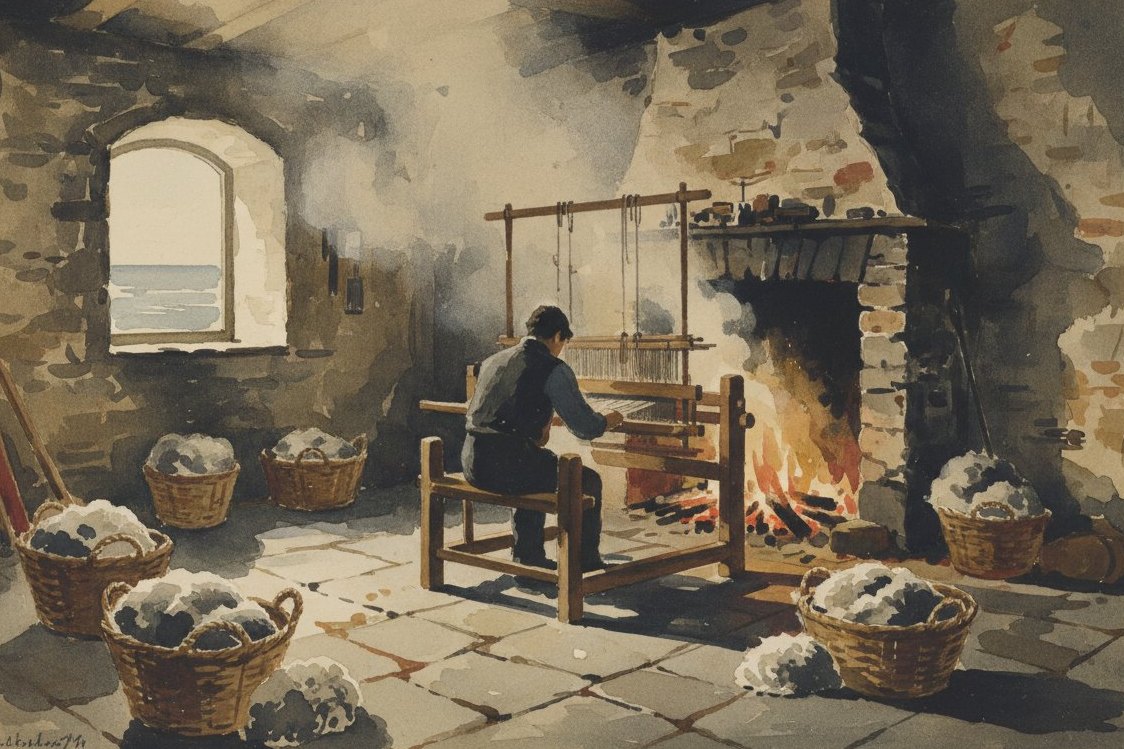 Illustration: a Hebridean crofter seen from behind at a wooden handloom inside a dim stone cottage, peat fire haze, baskets of heathered wool on a flag floor, small window with grey sea light, 19th century