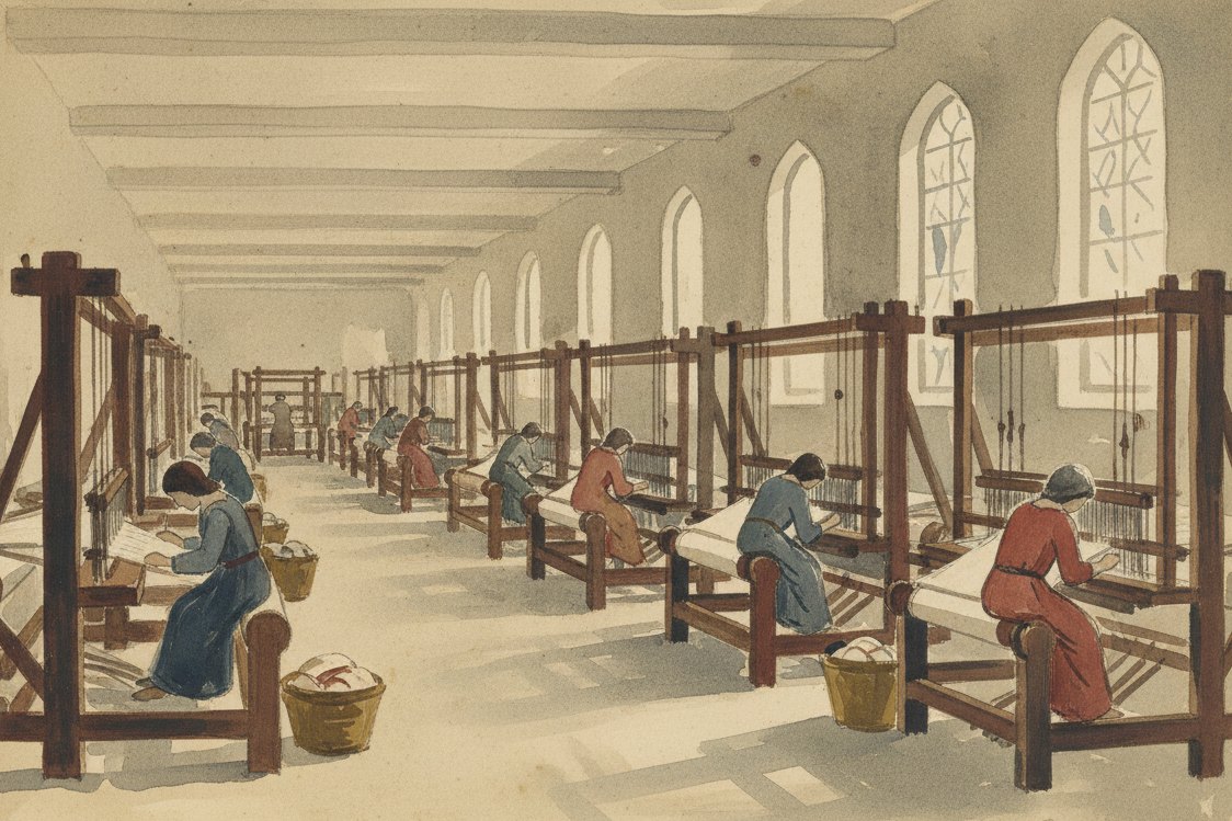 Illustration: a medieval European weaving hall, great wooden treadle looms in rows, weavers seen from behind, high windows
