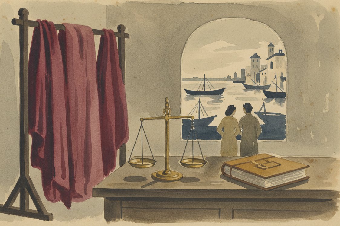 Illustration: a Genoese velvet merchant's showroom in the 1400s, deep wine-colored cloth cascading from a tall wooden rack, brass scales and a ledger, arched window onto the harbor