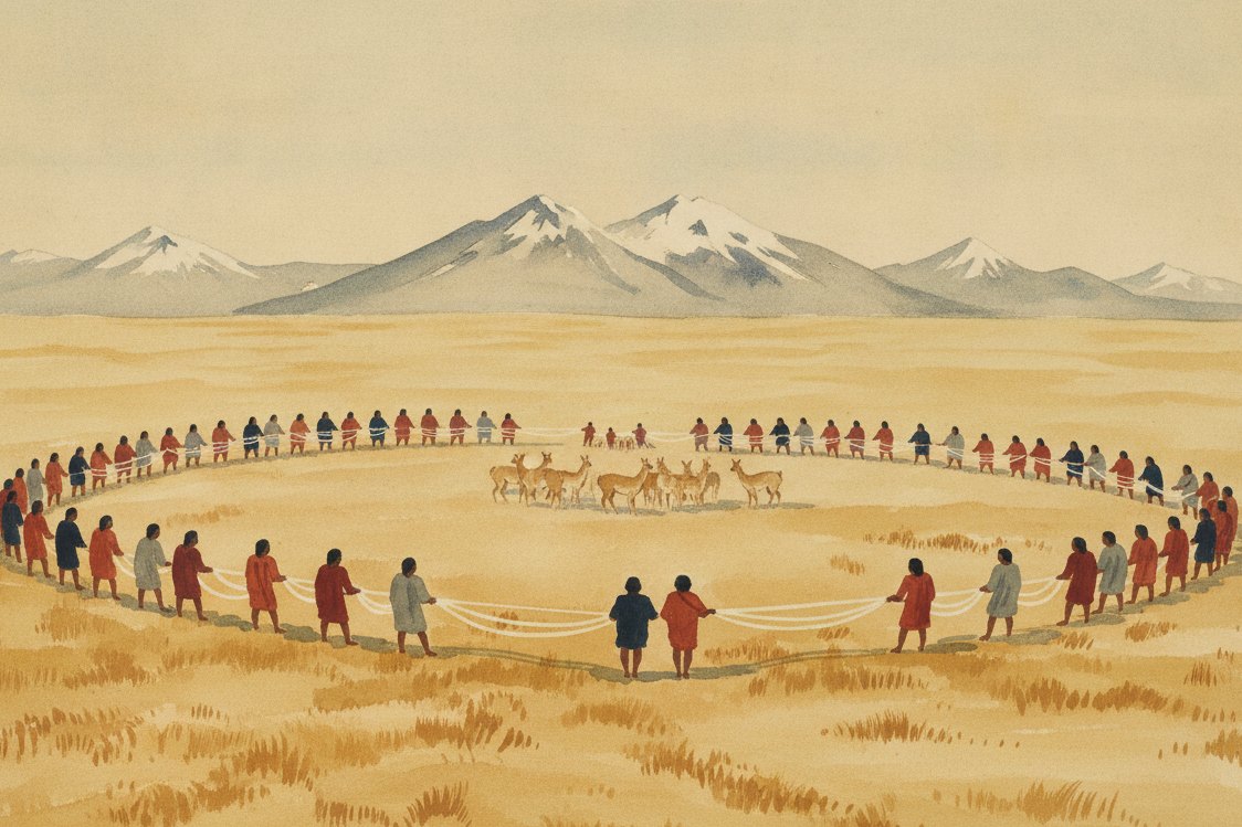 Illustration: a communal vicuna roundup on the high Andean altiplano in Inca times, a long line of people closing a ring of cords across the open puna to gather the pale wild herd, ochre grass and distant snow peaks, the figures small and far off