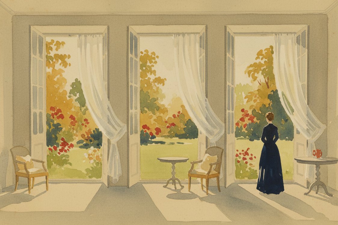 Illustration: tall open windows with sheer white curtains breathing inward on a draft, a garden bright beyond, an empty quiet room