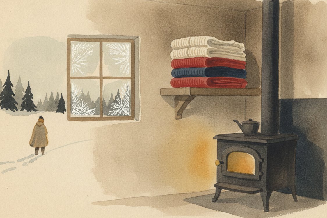 Illustration: the interior of a cold-weather cabin, waffle-knit thermal henleys and long underwear folded on a rough wooden shelf beside a cast-iron stove, frost on the small window, no people