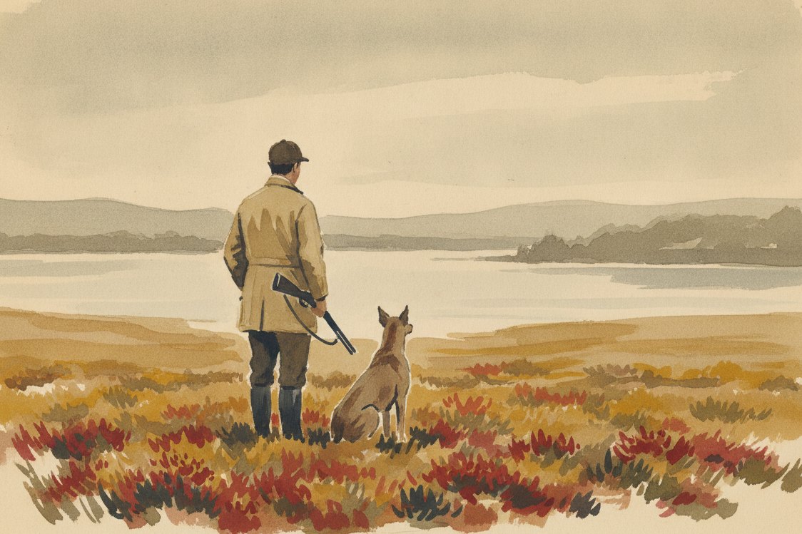 Illustration: a gamekeeper in a waxed field jacket seen from behind on a misty Scottish moor, a dog at heel and a shotgun broken over the arm, heather and a grey loch stretching beyond