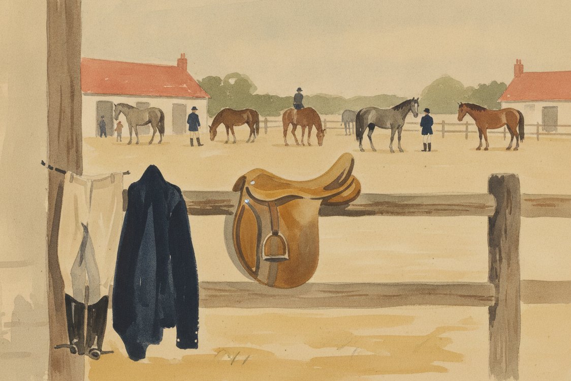Illustration: an English riding stable yard, breeches and a hacking jacket on a peg, a saddle over the rail, horses at a distance