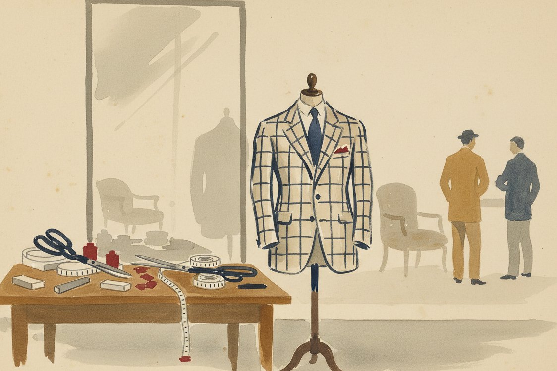 Illustration: a Savile Row fitting room, a checked suit jacket on a tailor's stand, chalk, shears and a measuring tape on the table, tall mirror