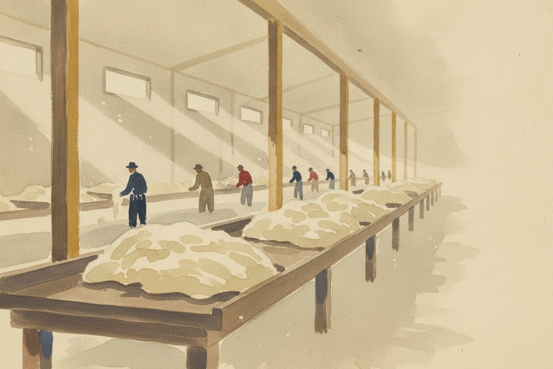 Illustration: a wool shearing shed in the early 1900s, fleeces piled on a long sorting table, shearers as distant figures at their stands along the wall, raw timber and dusty light through high windows